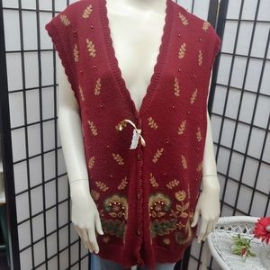 Koret • VINTAGE • Red cranberry best embroidered button 1X Plus Size